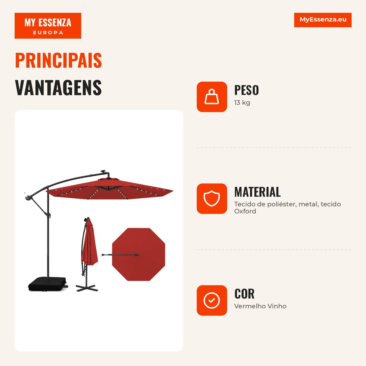 Guarda-sol Excêntrico 3x3m com 40 Luzes LED Solares Base Incluída Toldo Impermeável e Manivela — Infografia PT (vantagens)
