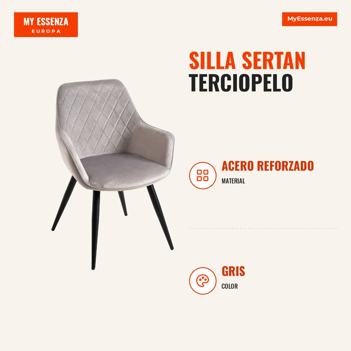 Sertan Velvet Chair — Grey — Infografia ES (medidas)