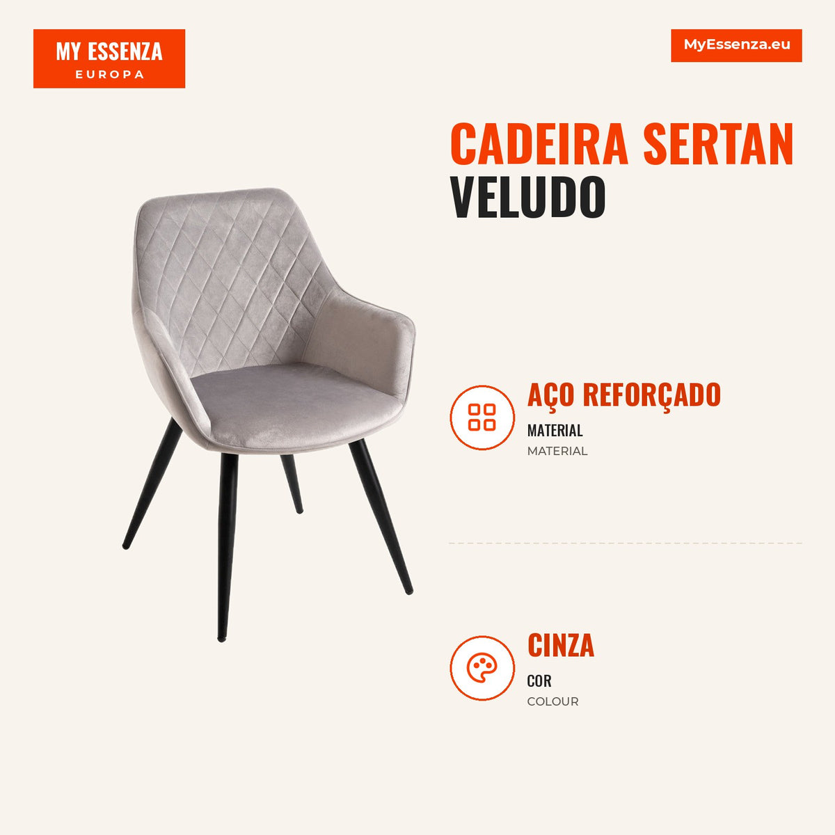 Sertan Velvet Chair — Grey — Infografia PT (medidas)