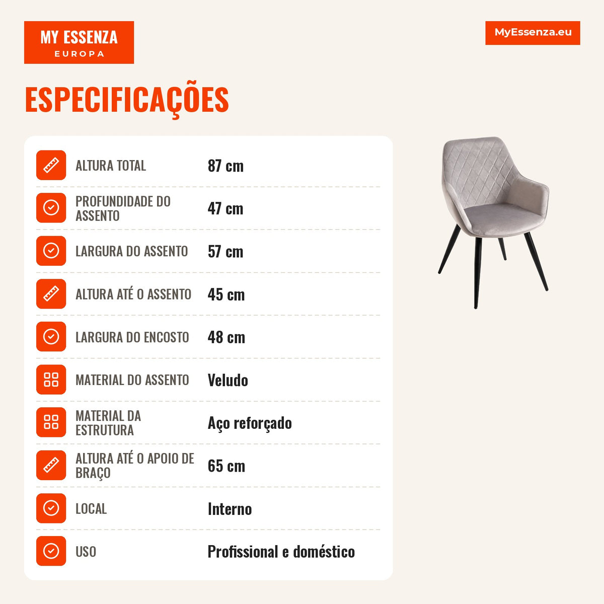 Sertan Velvet Chair — Grey — Infografia PT (especificações)
