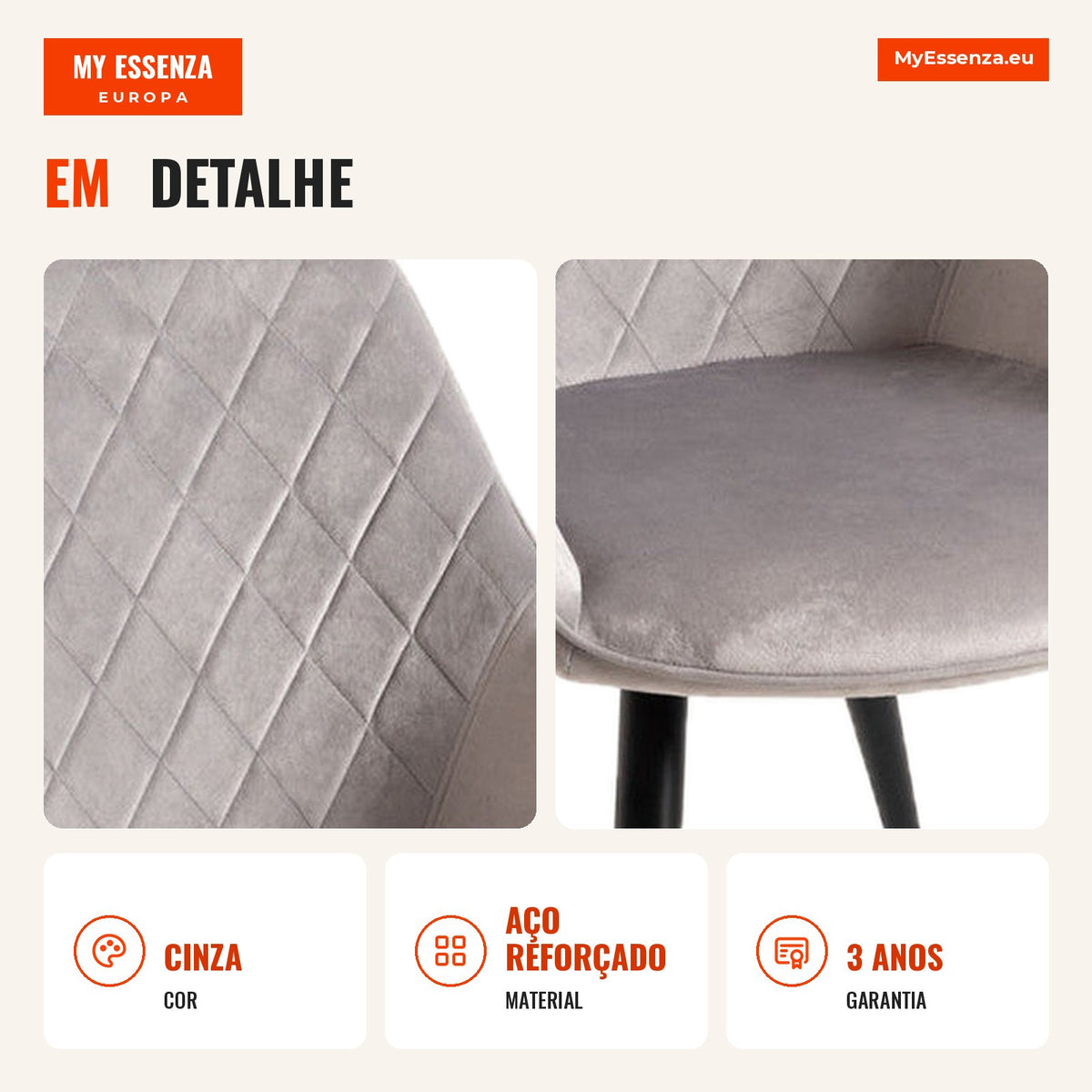 Sertan Velvet Chair — Grey — Infografia PT (detalhe)