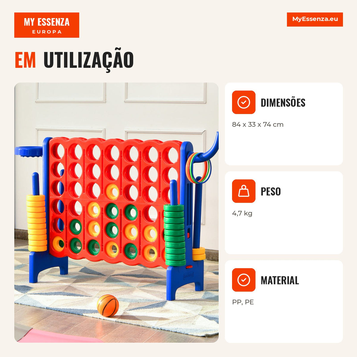 Jogo Conecta 4 Gigante 74 cm com Cesto e Lançamento de Anéis - 42 Peças — Infografia PT (em utilização)