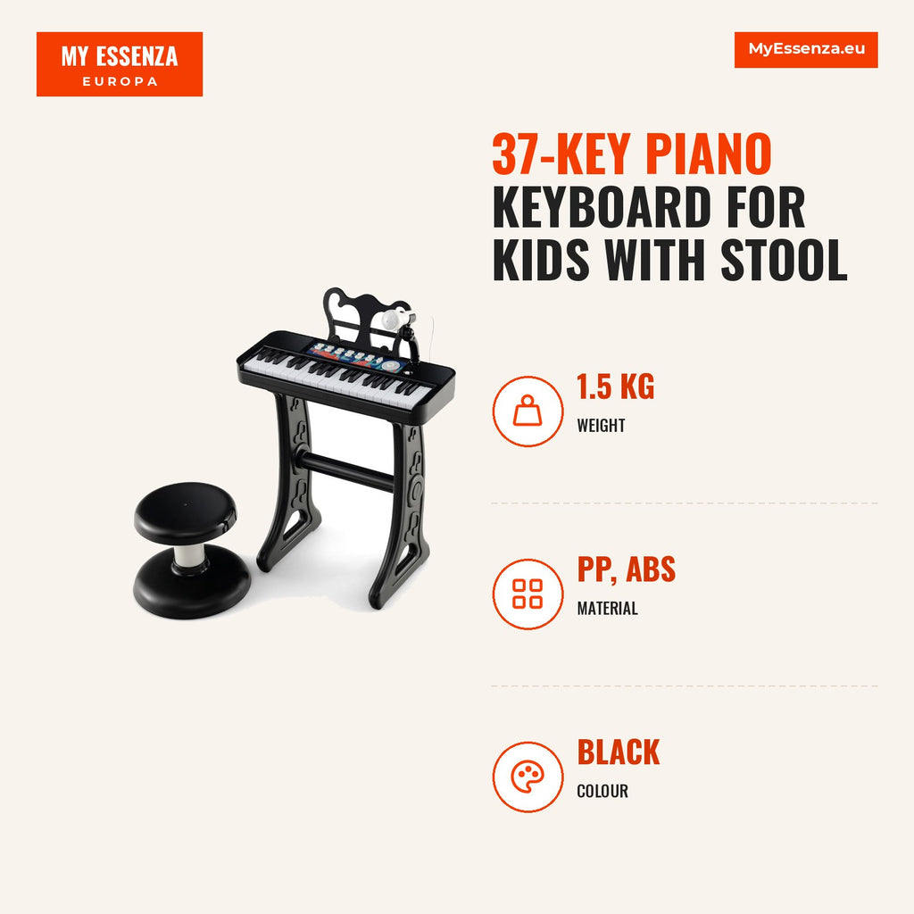 37-Key Piano Keyboard for Kids with Stool, Adjustable Microphone and Music Stand — Infografia EN (medidas)