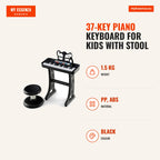 37-Key Piano Keyboard for Kids with Stool, Adjustable Microphone and Music Stand — Infografia EN (medidas)