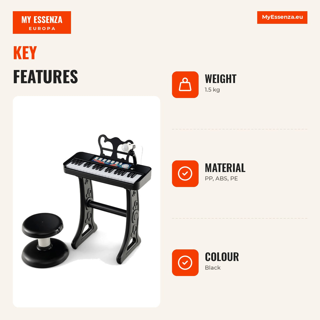 37-Key Piano Keyboard for Kids with Stool, Adjustable Microphone and Music Stand — Infografia EN (vantagens)