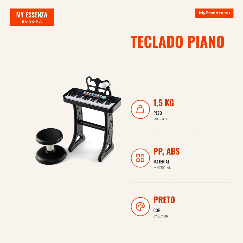 37-Key Piano Keyboard for Kids with Stool, Adjustable Microphone and Music Stand — Infografia PT (medidas)