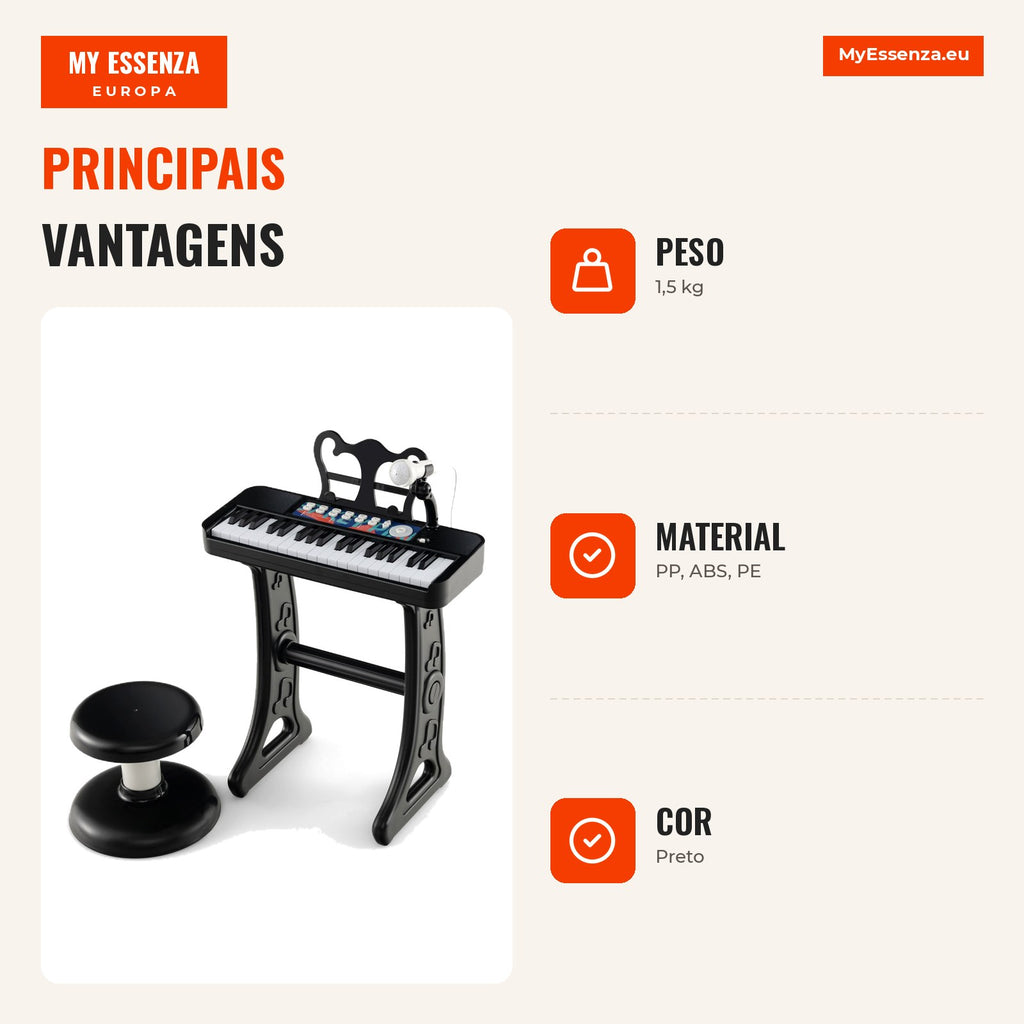 37-Key Piano Keyboard for Kids with Stool, Adjustable Microphone and Music Stand — Infografia PT (vantagens)