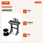37-Key Piano Keyboard for Kids with Stool, Adjustable Microphone and Music Stand — Infografia PT (vantagens)
