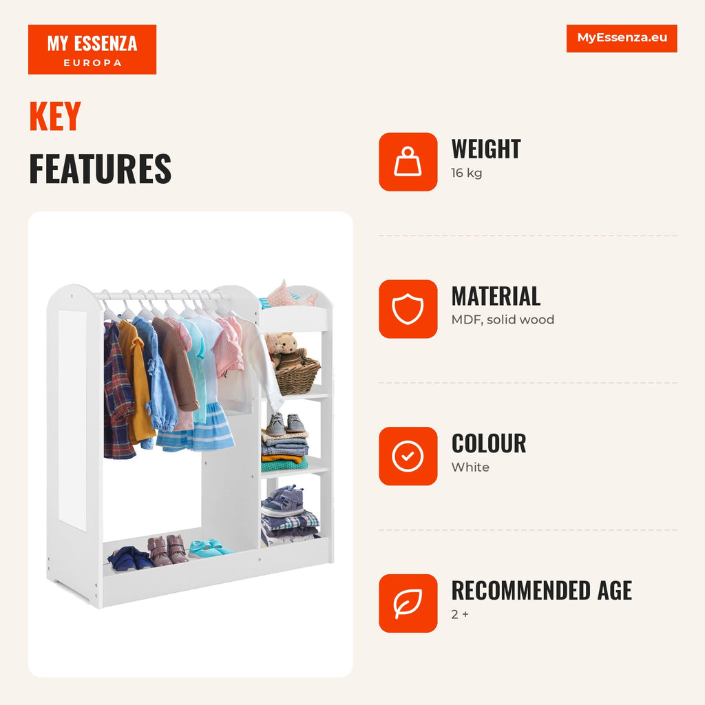 Children’s Wardrobe with Mirror and Clothes Rail 93.5 x 38 x 100 cm — Infografia EN (vantagens)