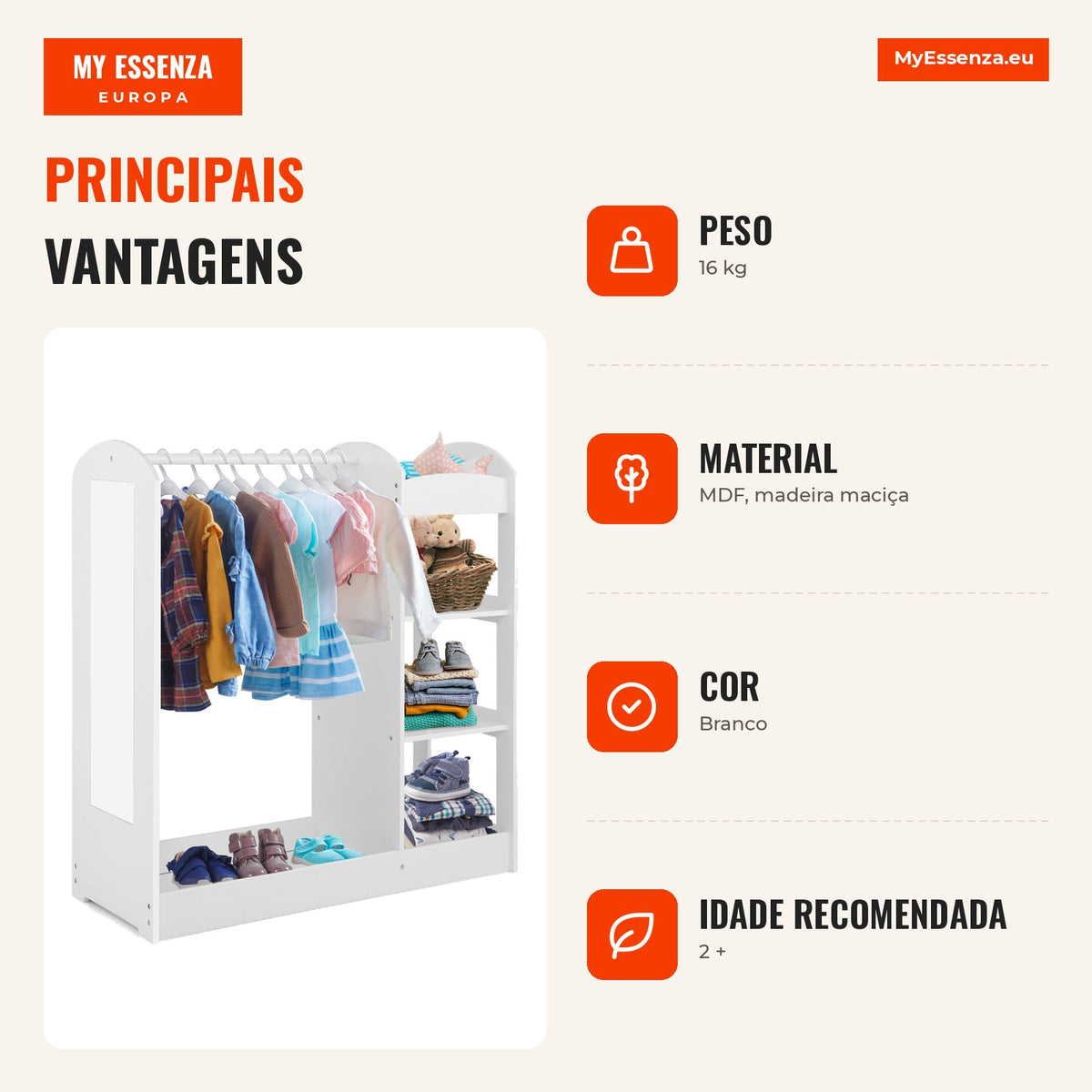 Children’s Wardrobe with Mirror and Clothes Rail 93.5 x 38 x 100 cm — Infografia PT (vantagens)