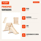 Conjunto Escalador Triangular Dobrável com Escorregador e Barras de Madeira de Faia — Infografia PT (vantagens)