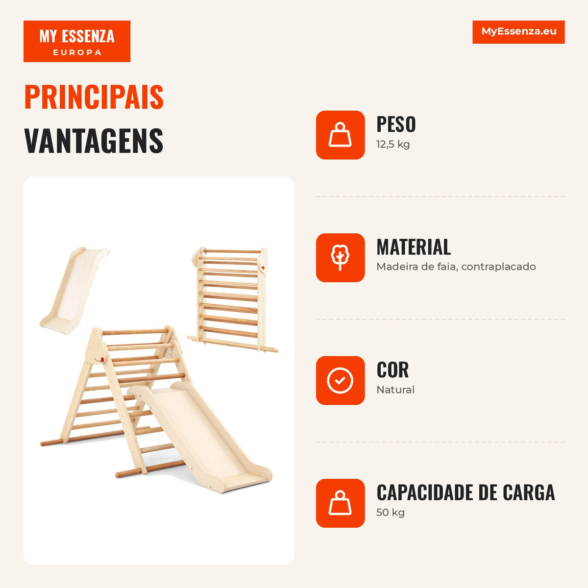 Conjunto Escalador Triangular Dobrável com Escorregador e Barras de Madeira de Faia — Infografia PT (vantagens)