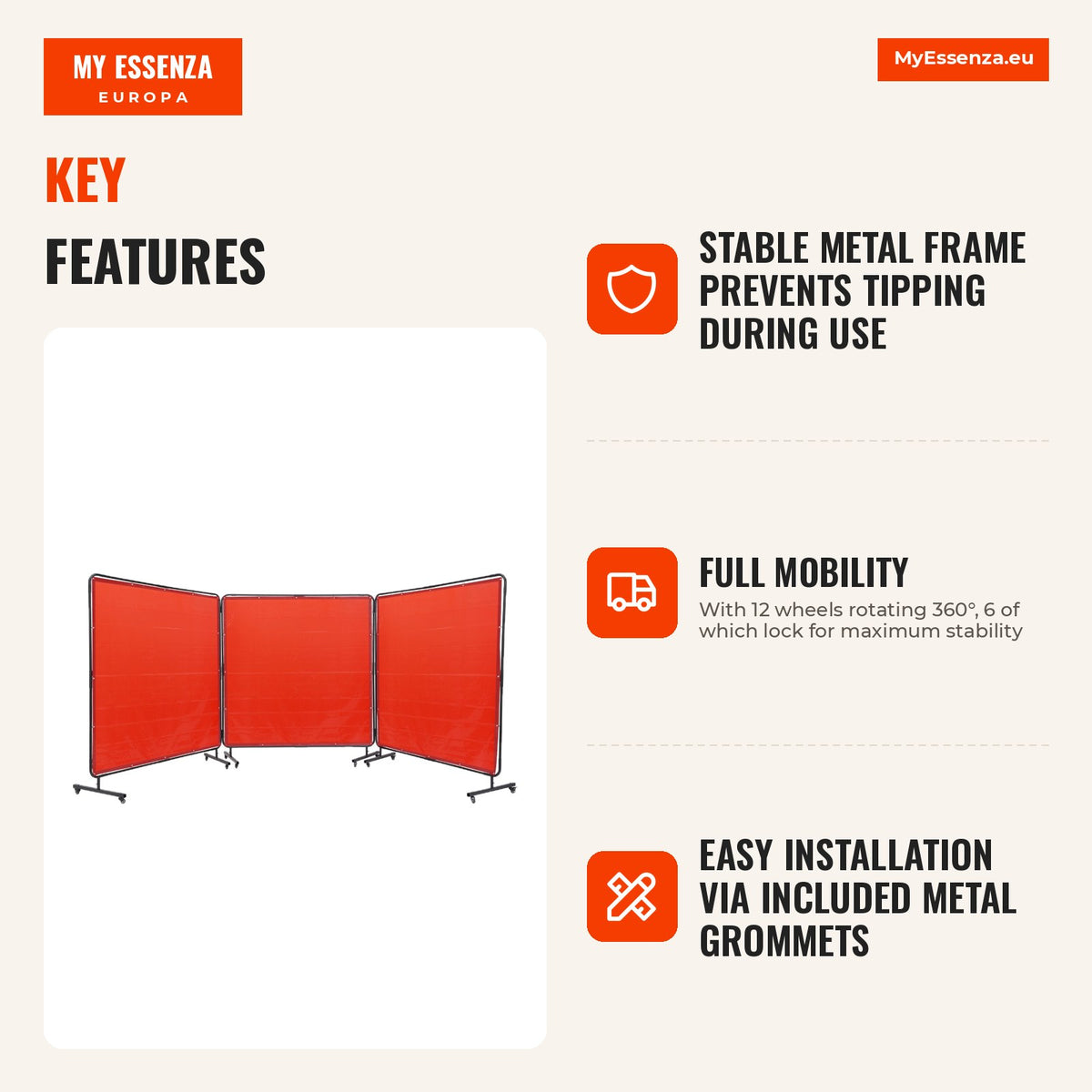 Welding Protection Curtain 1.8 x 1.8 m with Wheels — Infografia EN (vantagens)