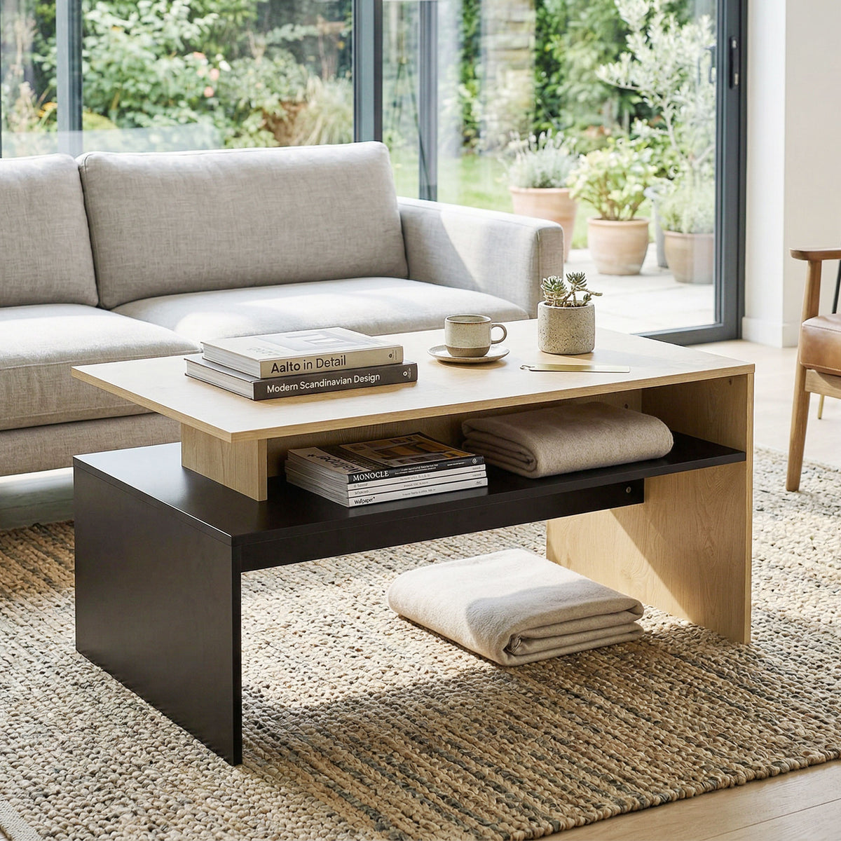 Mesa de Centro Moderna Bicolor com Níveis Desfasados e Prateleira de Arrumação 95x55x50 cm Madeira Natural e Preto — imagem 5