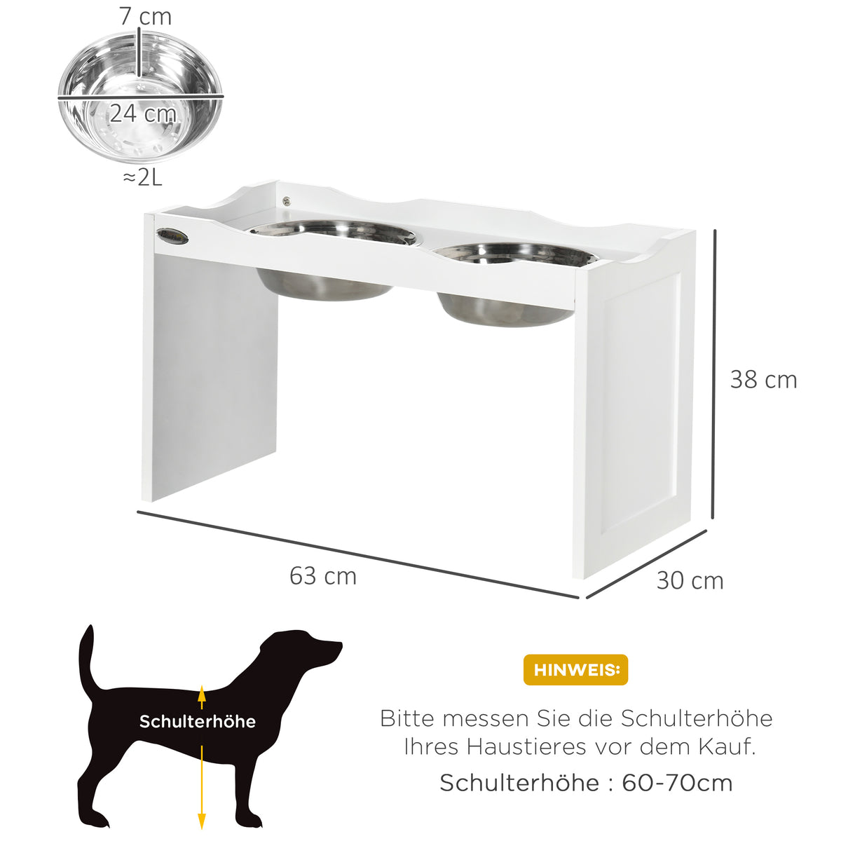 Estação de Alimentação Suporte para Tigelas 2 Comedouros de 2 L Cada Aço Inoxidável para Cães Grandes 63x30x24 cm Branco — foto 2