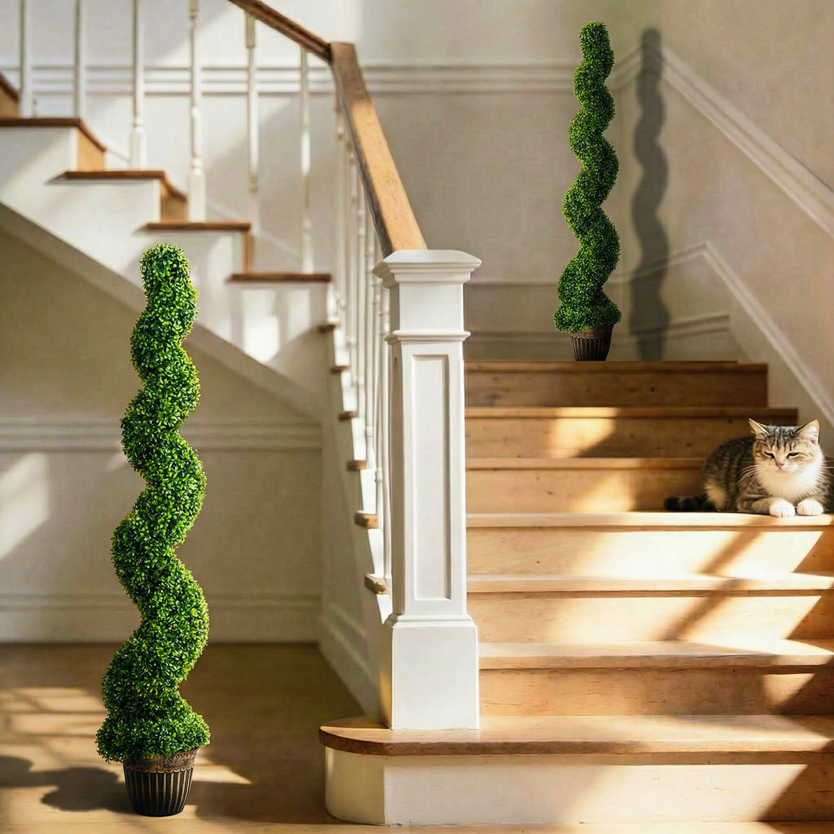 Buxo em espiral, conjunto com 2 plantas artificiais, com vaso, 150 cm de altura, verde — imagem 3