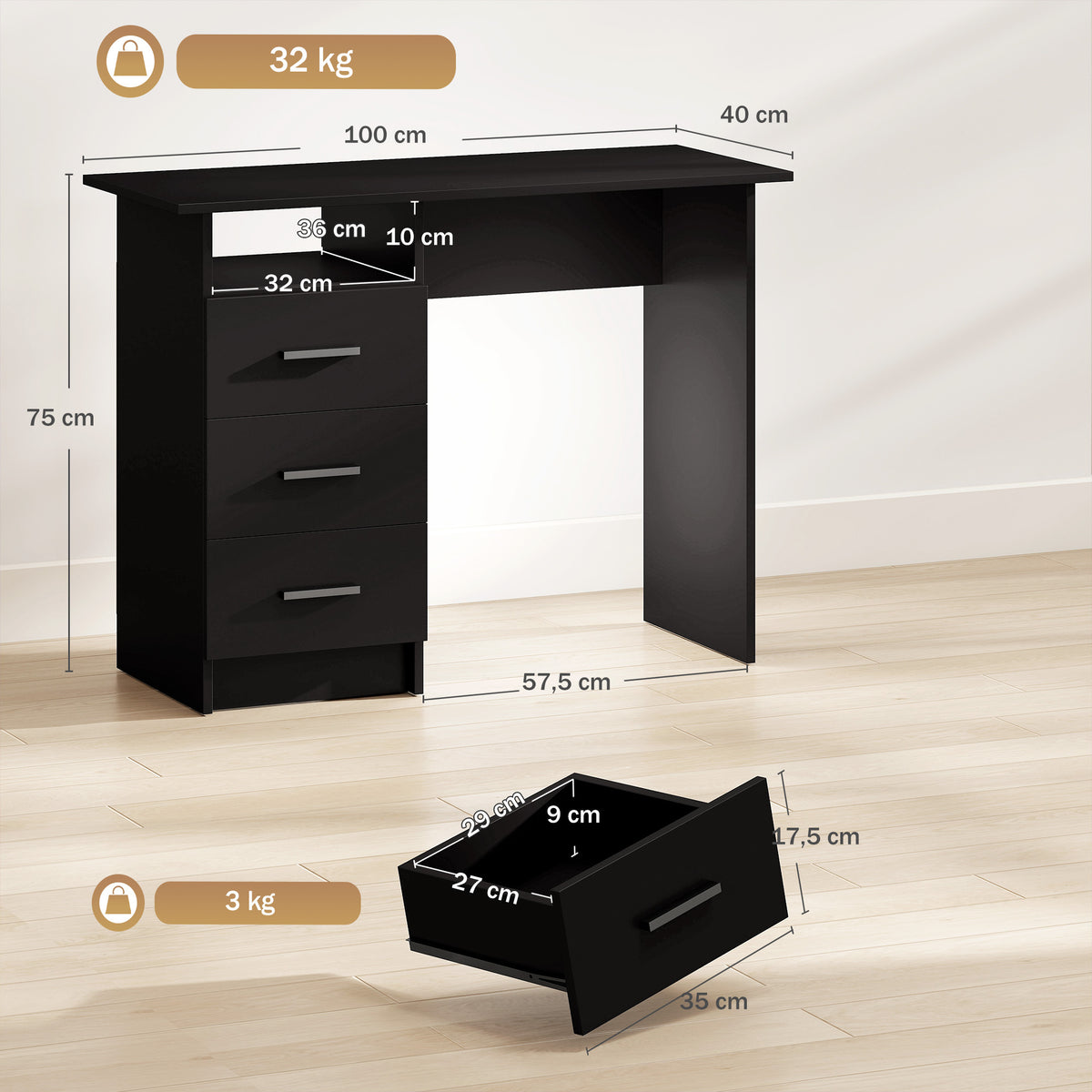 Secretária Economizadora de Espaço com 3 Gavetas, Prateleira Aberta, Secretária de Escritório, Moderna, Mesa para PC para Casa Escritório Estúdio Quarto, 100x40x75 cm, Preto — foto 2