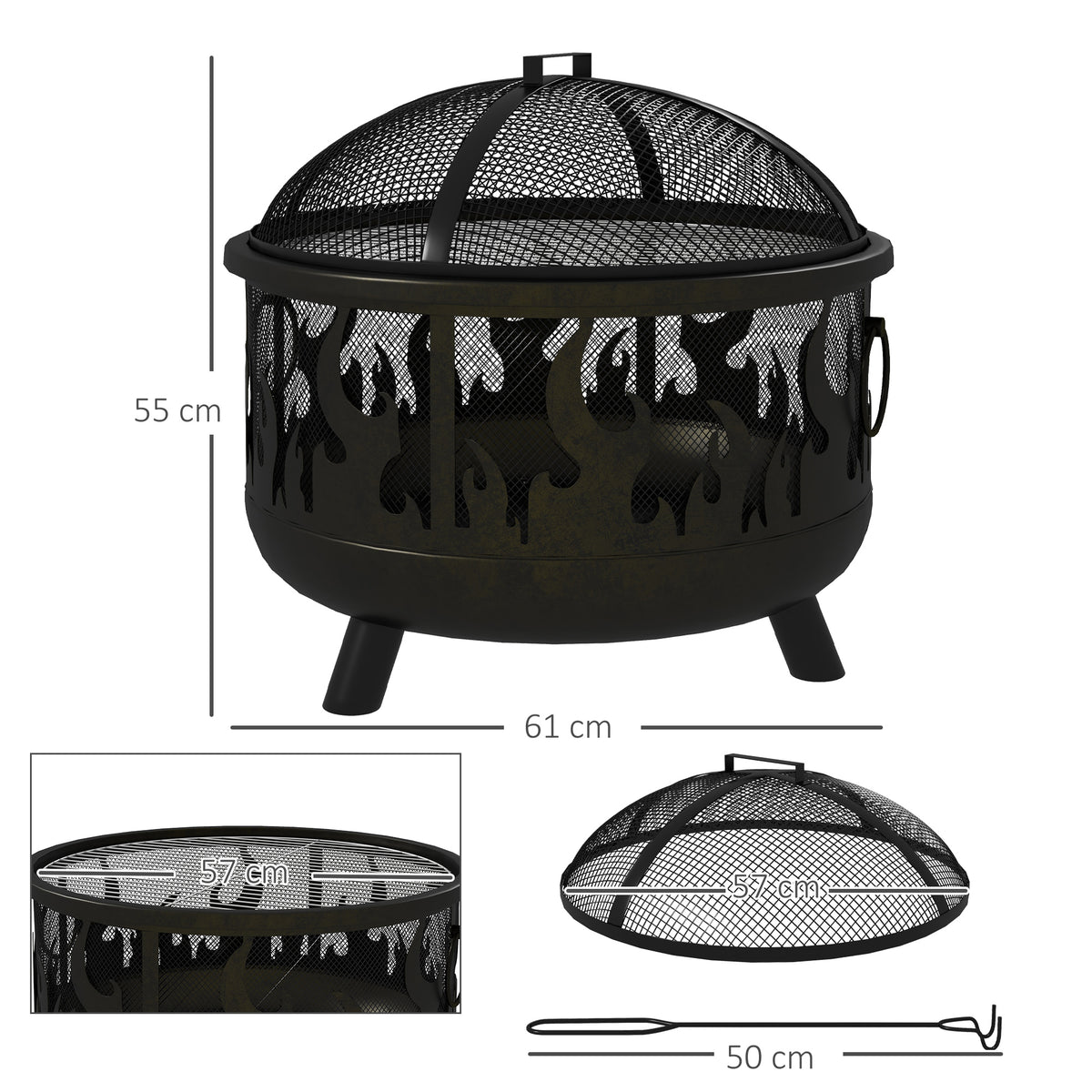 Lareira / fogueira, incl. protetor de faíscas, 1 gancho para atiçar, Ø61,5 cm x 52 cm, Preto — foto 2
