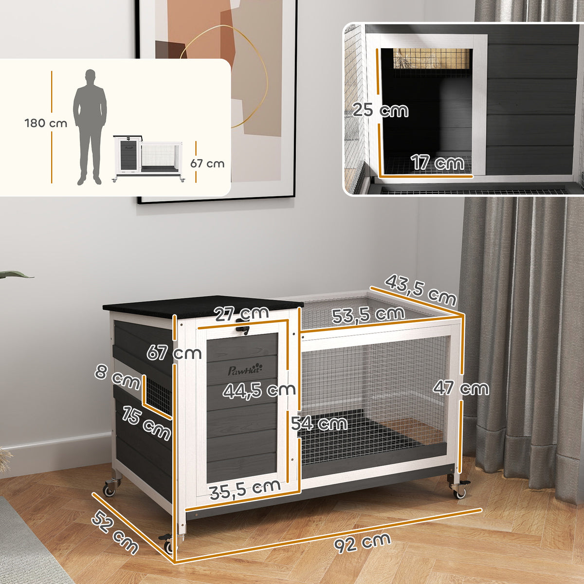 Casinha para Coelhos em Madeira com Cercado de Passeio Rodas Telhado Dobrável para Interior e Exterior 92 x 52 x 67 cm Cinzento escuro — foto 2