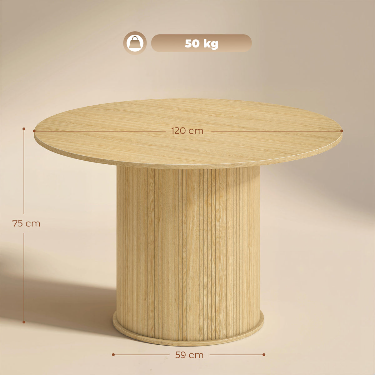 Mesa de Jantar Redonda para 5 Pessoas Ø120x76 cm Mesa de Cozinha com Base Cilíndrico Canelado Madeira Natural — foto 2