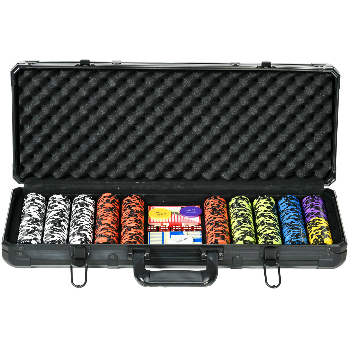 Set de Poker Completo Fichas de Poker com 500 Fichas 2 Baralhos 5 Dados Botão Dealer e Maleta em Alumínio Preto — foto 1