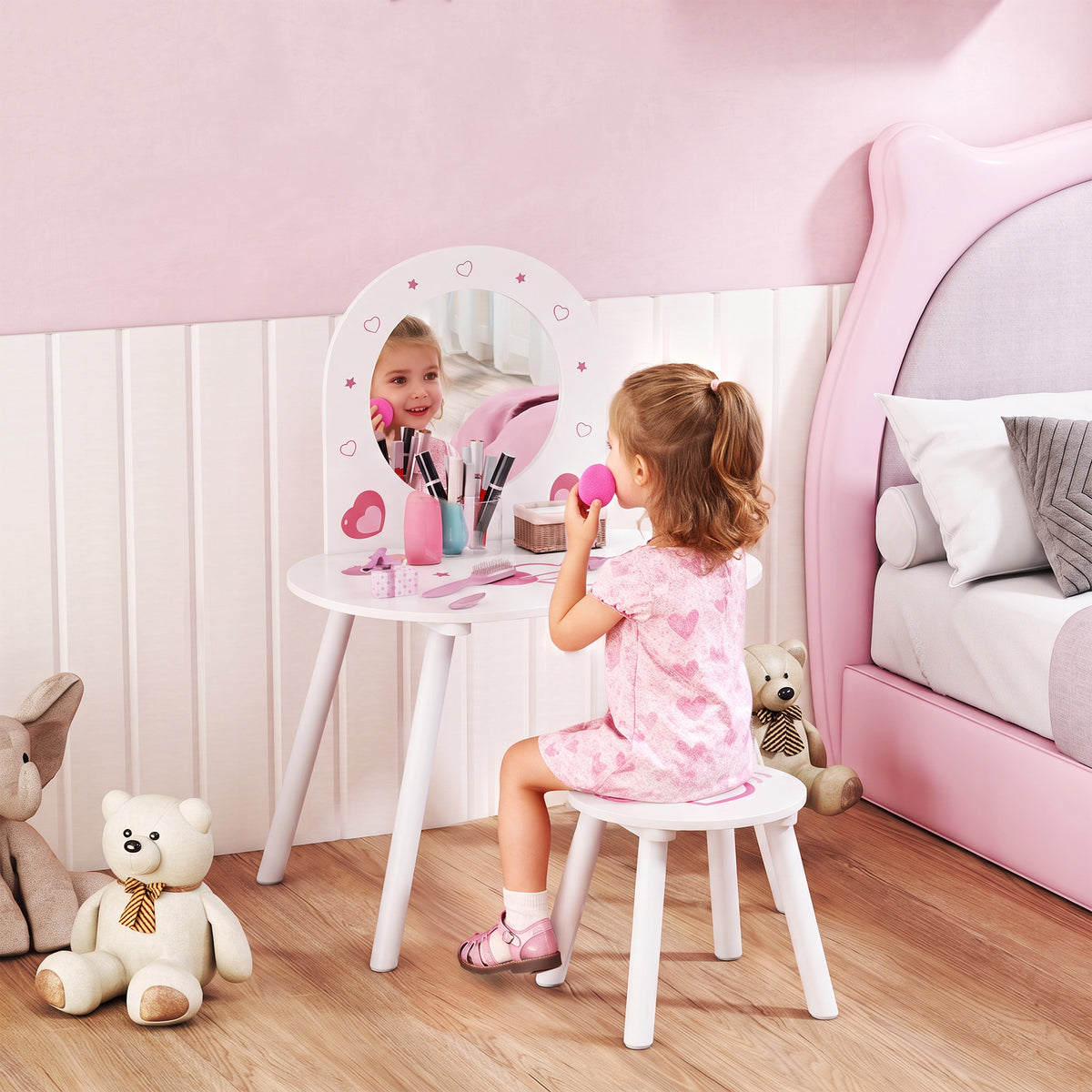 Penteadeira Infantil com Banco e Espelho, para Meninas, com Desenhos de Corações, para Crianças de 3-6 Anos, Branca — imagem 3