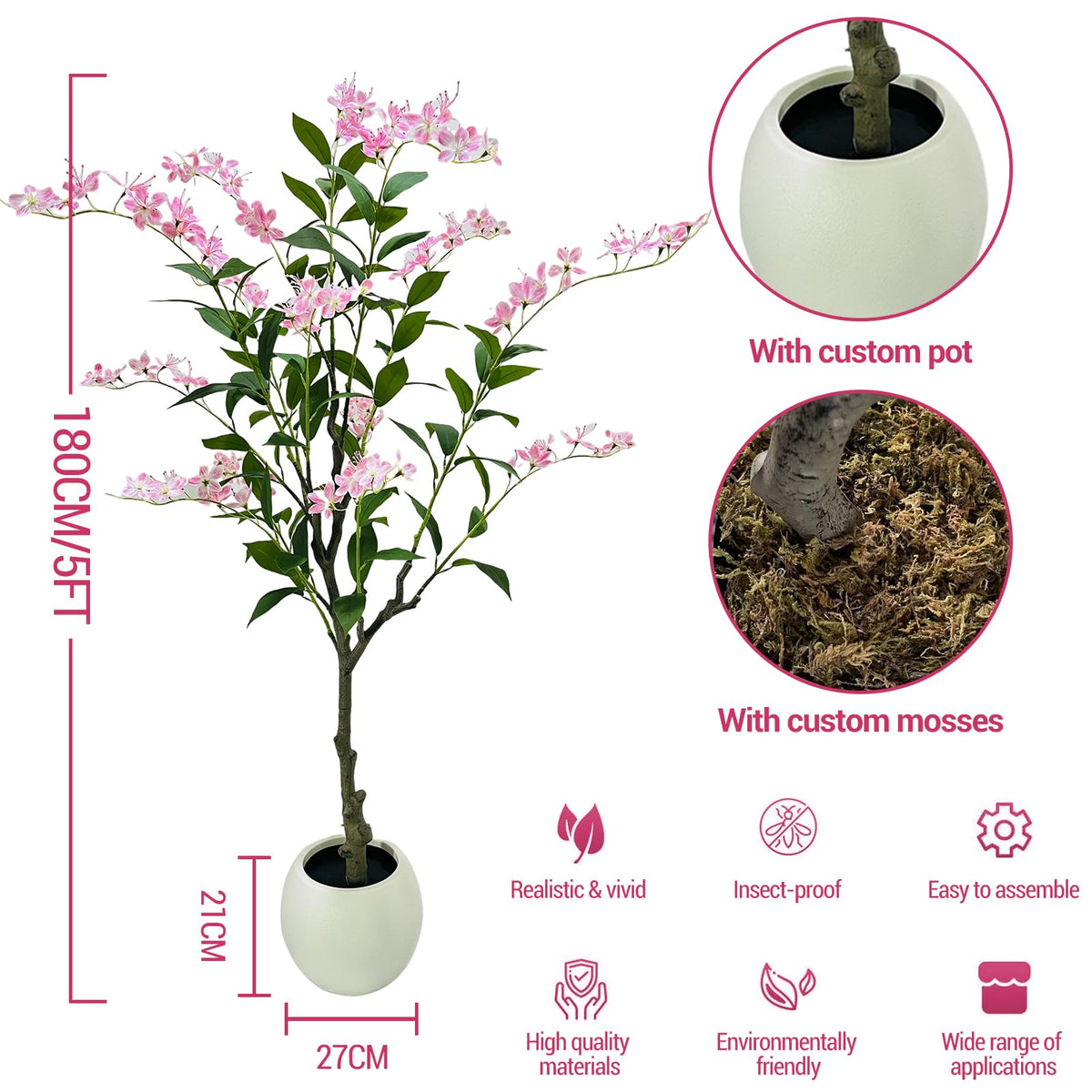 Jasmimeiro artificial 150 cm com ramos ajustáveis e vaso branco, decoração interior e exterior, rosa - rosa 150 cm — foto 4