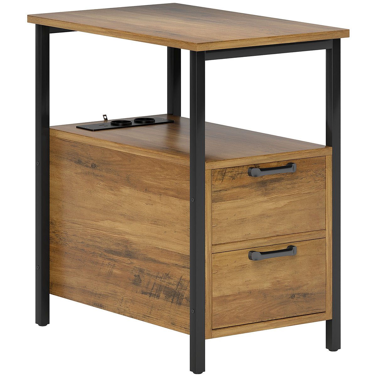 Mesa Lateral Mesa de Cabeceira com 2 Tomadas Porta USB 1 Porta Tipo C Cabo de 143 cm Gavetas e Prateleira Madeira Natural — foto 1