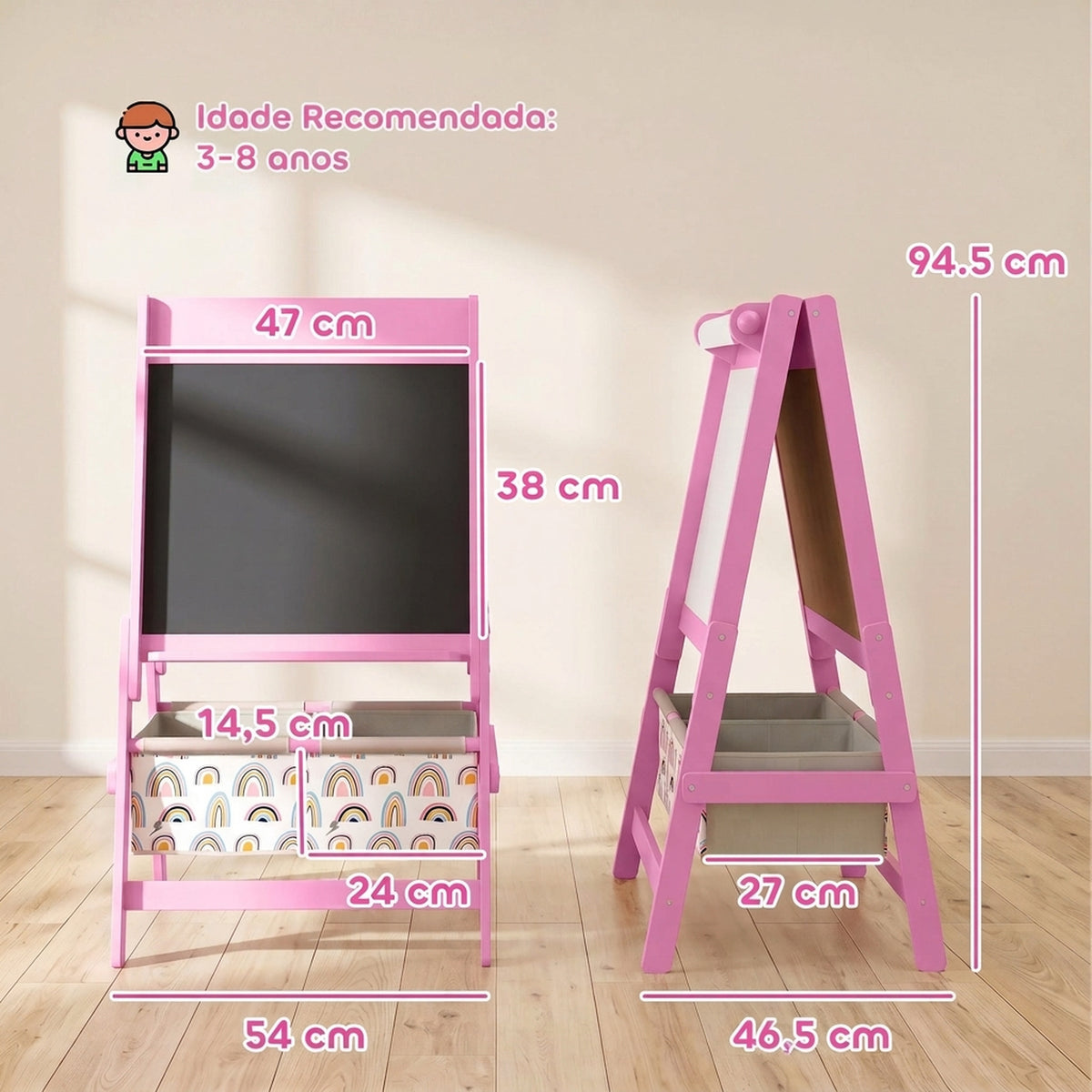 Cavalete Infantil 3 em 1 com Quadro de Giz, Quadro Branco, Rolo de Papel e Arrumação, Rosa, 3-8 Anos — foto 2