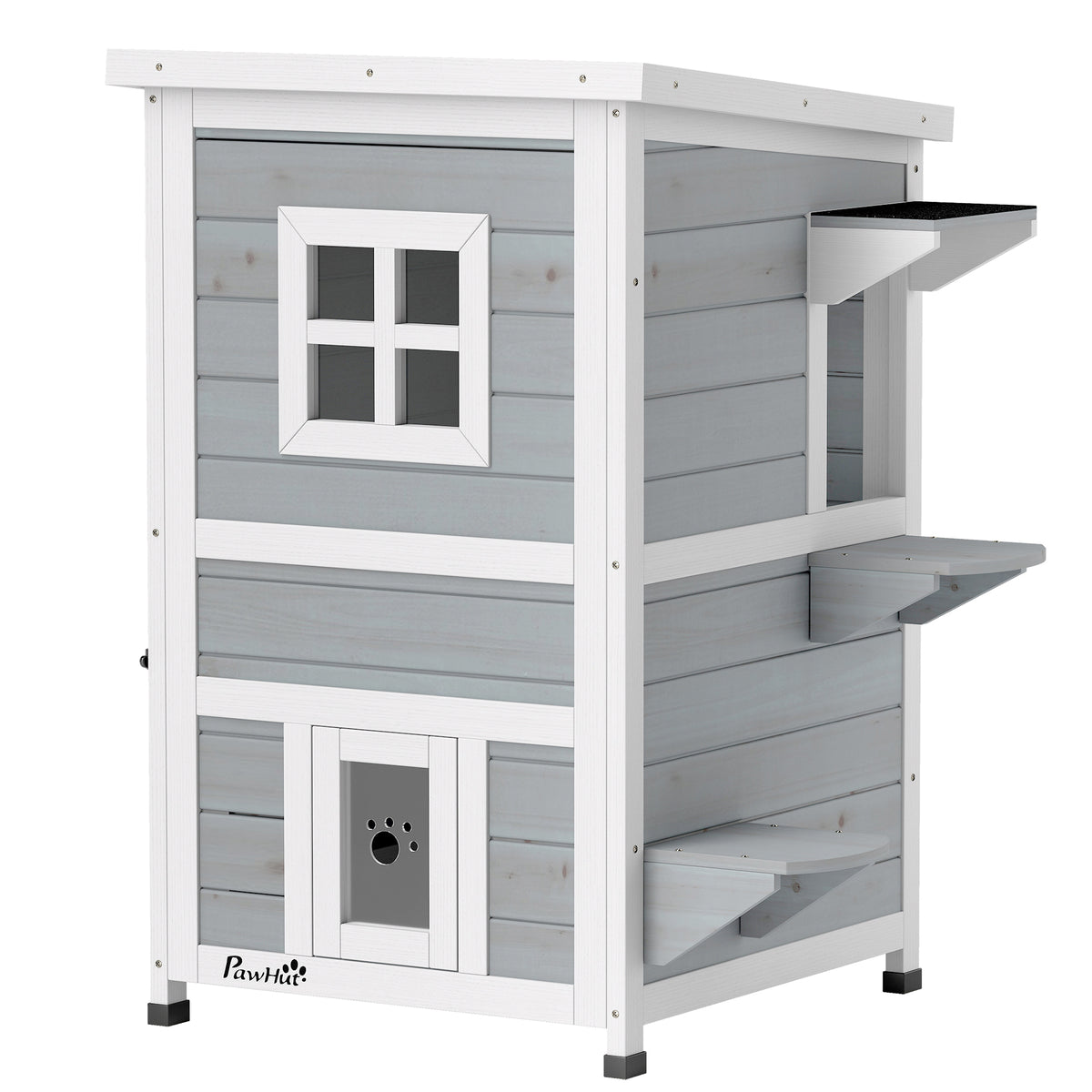 Casota Exterior para Gatos em Madeira de 2 Níveis com Telhado Basculante, Plataformas de Salto e Portas, 51x51x81,3 cm, Cinzento — foto 1