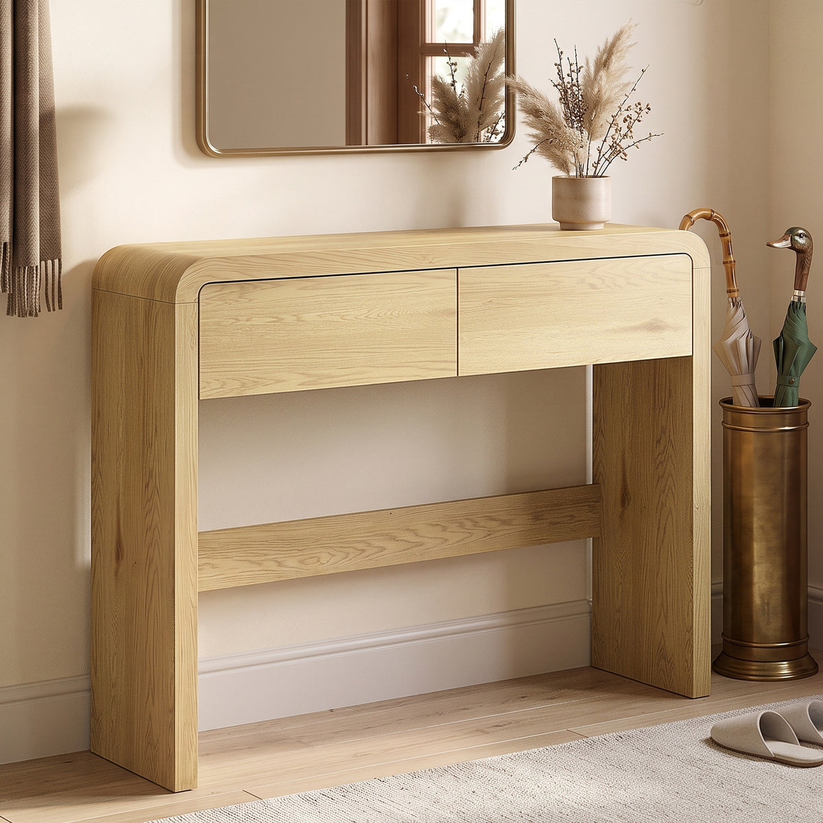 Mesa Consola com 2 Gavetas Móvel Consola 100x30x85 cm Cantos Arredondados e Tampo Espesso Madeira Natural — imagem 3
