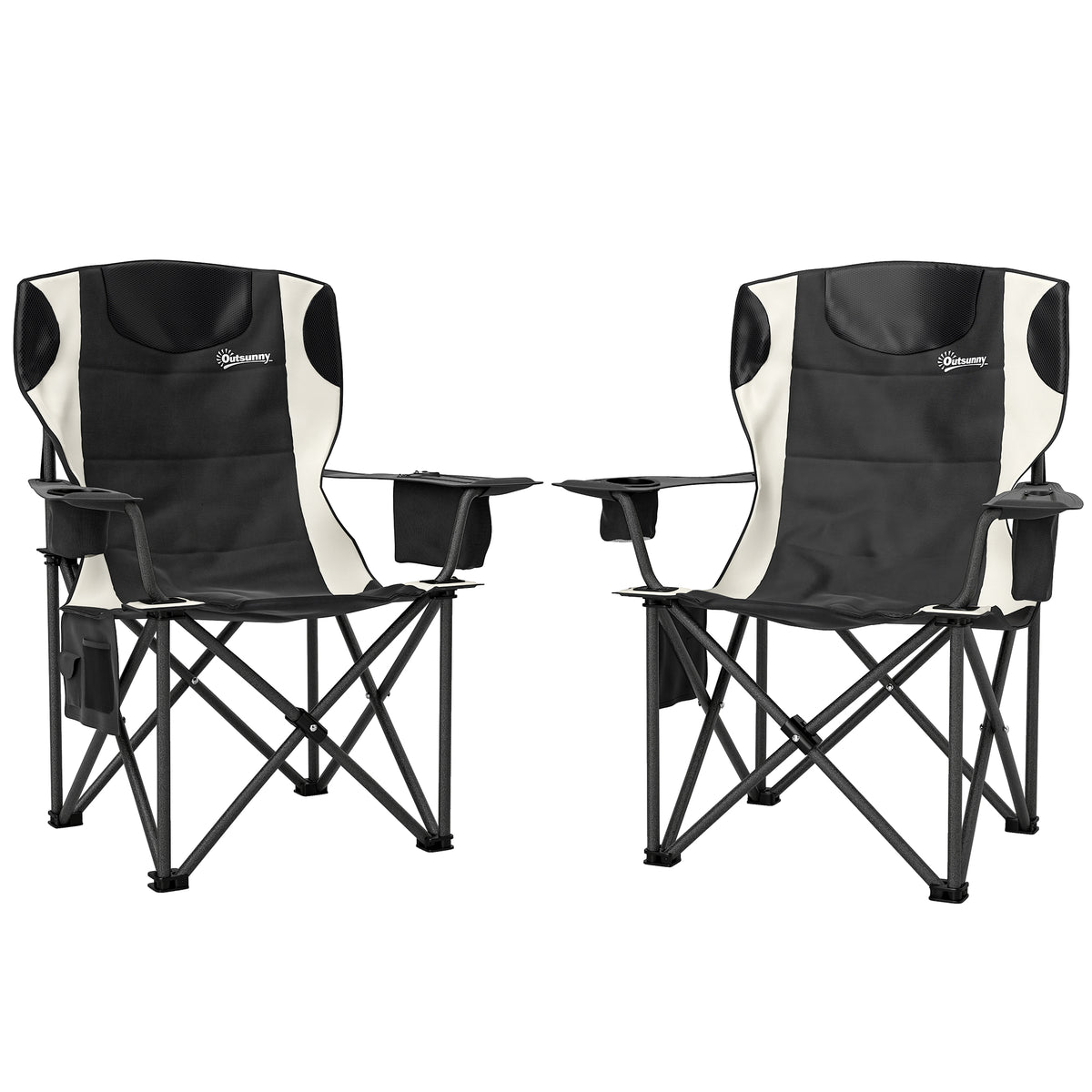 Conjunto de 2 Cadeiras Dobráveis de Camping com Braços, Porta-copos, Encosto de Cabeça, Bolsa Térmica Preto — foto 1
