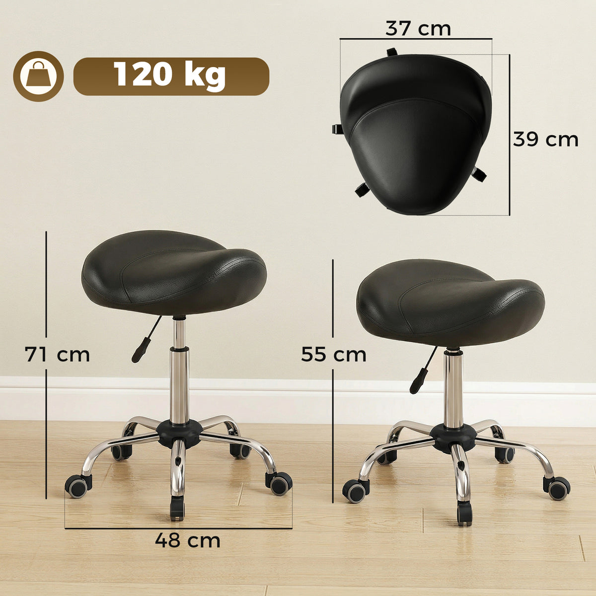 Banqueta de salão com assento em sela, altura ajustável, couro sintético, 48x48x54-69cm, Preto — foto 2