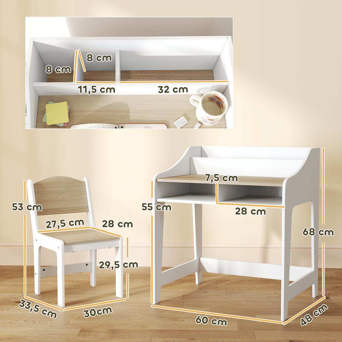 Conjunto de Mesa e Cadeira para Crianças de 3-8 Anos com Compartimentos e Prateleiras Abertas Efeito Madeira Natural — foto 2