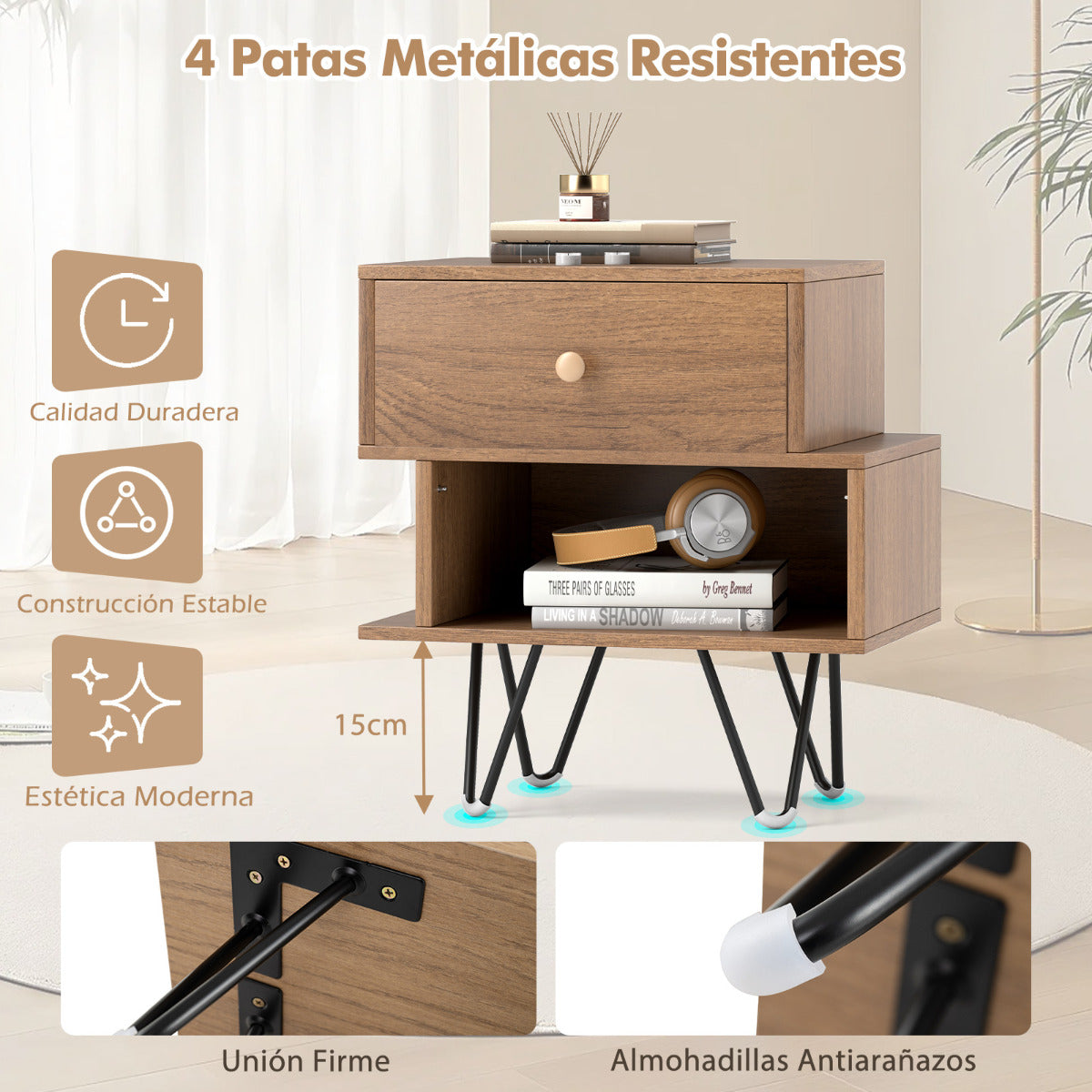 Kit 2 Mesas de Cabeceira Modernas com Gaveta e Compartimento - Mesa Lateral Auxiliar Natural — foto 8