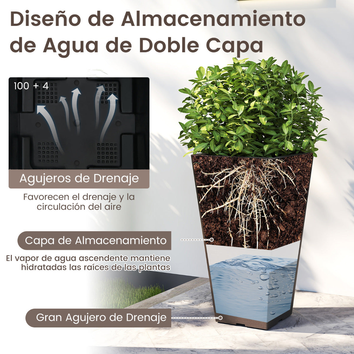 Kit 2 Vasos Altos Quadrados com Rega Automática e Cubo Interior Removível Castanho 29,5x29,5x57cm — foto 7