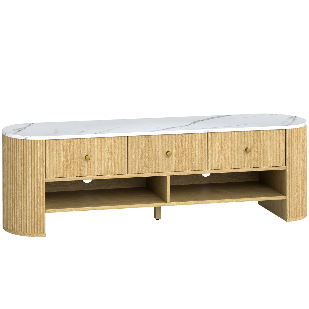 Móvel de TV 140 cm para TV Até 65" Efeito Mármore 3 Gavetas Caneladas 2 Prateleiras 140x40x43 cm Cor Madeira Natural — foto 1