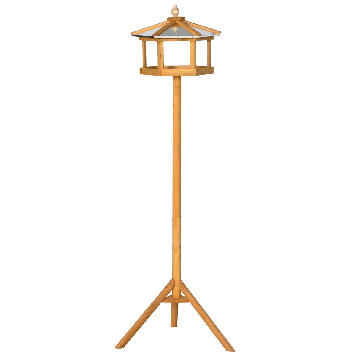 Casa para Pássaros com Suporte em Madeira Comedouro com Plataforma Telhado Metálico Inclinado Ø57,7x153 cm Madeira Natural — foto 1