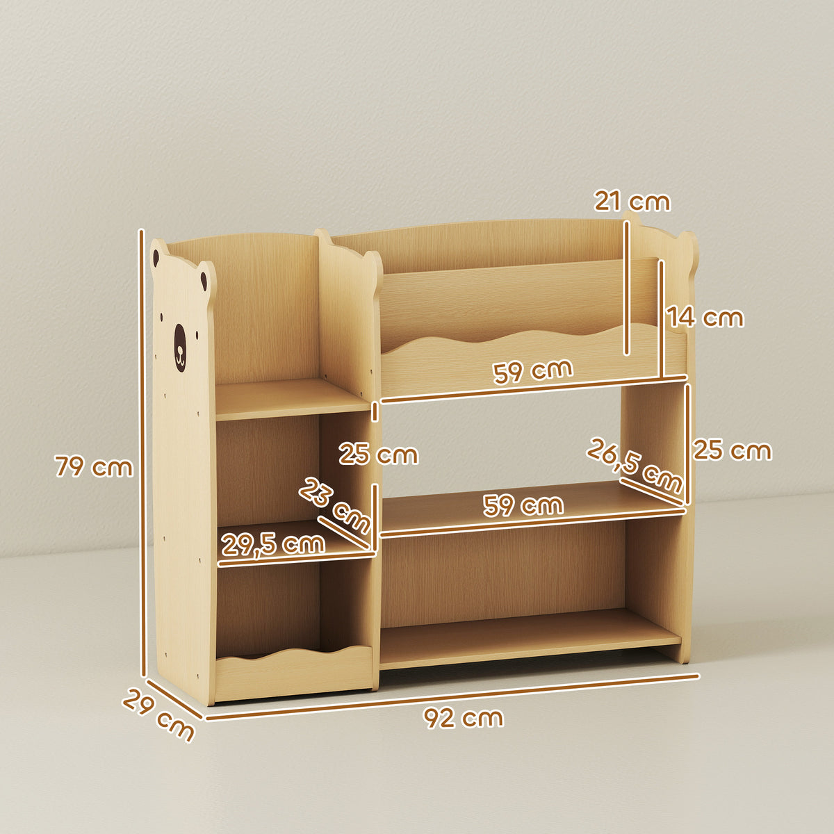 Móvel de arrumação infantil 3 níveis, estante de arrumação para brinquedos com prateleiras abertas, 92x29x79cm, natural — foto 2