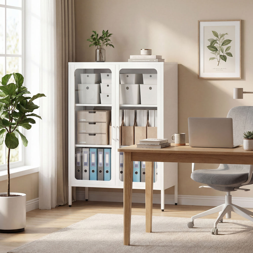 Móvel Porta Documentos em Aço com 2 Portas de Vidro e Prateleiras Reguláveis 80x40x110 cm Branco — imagem 3