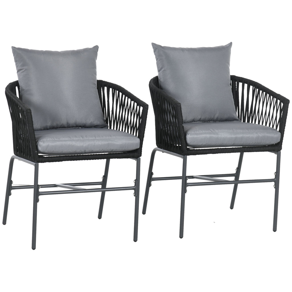 Cadeiras para exterior, conjunto de 2, design boho, almofada de assento e encosto, concha de assento confortável, estrutura metálica, Preto — foto 1