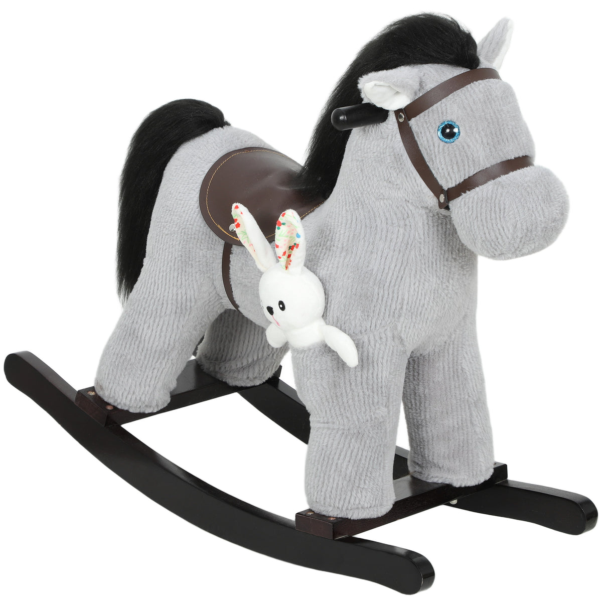 Cavalo de balanço para crianças, brinquedo de pelúcia para bebê com efeito sonoro e pelúcia, 71 x 26 x 55 cm, cinza — foto 1