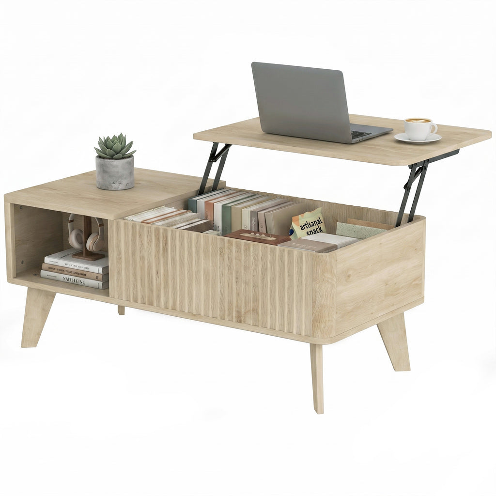 Mesa de Centro Elevável Compartimento Oculto 2 Prateleiras Abertas Bordas Arredondadas Estilo Meados do Séc. 100x48x41 cm Carvalho — imagem 10