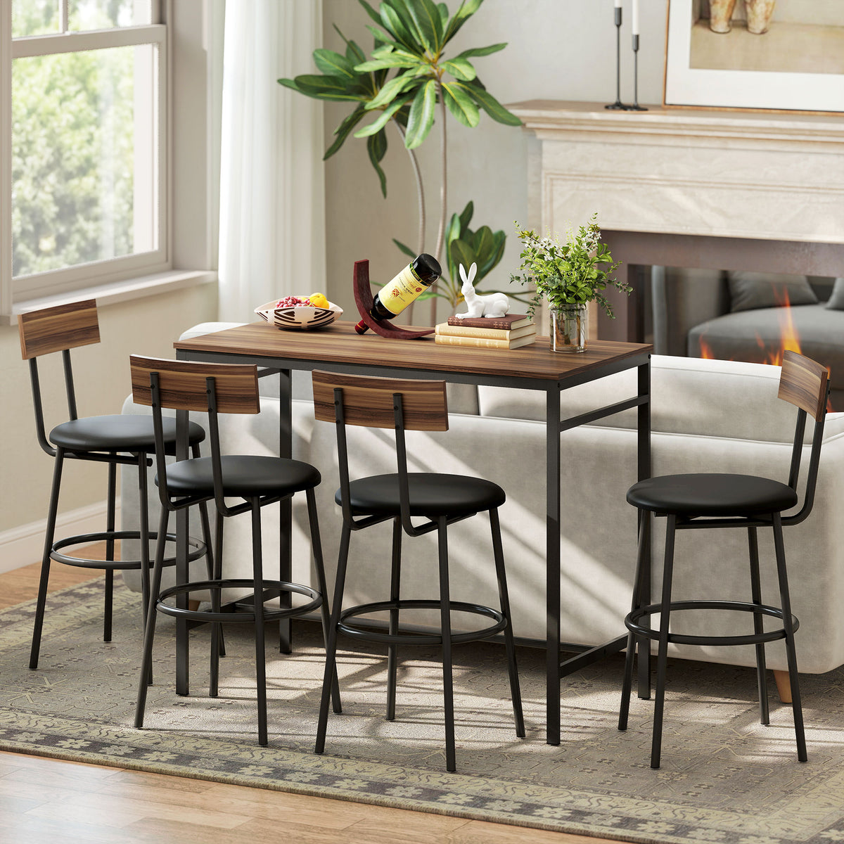 Conjunto de Mesa Alta de Bar com 4 Bancos, Assentos em PU com Encosto e Apoio para os Pés, Castanho — imagem 11