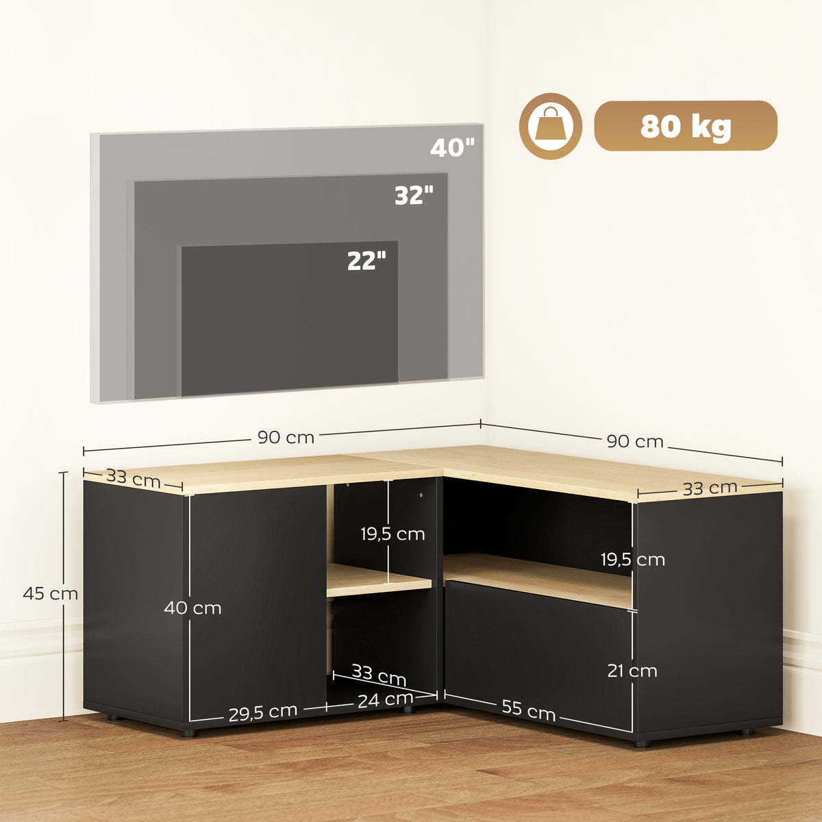 Móvel Tv de Canto Banco para Televisão Até 40" com 2 Armários e 3 Nichos 90x90x45 cm Carvalho e Preto — foto 2