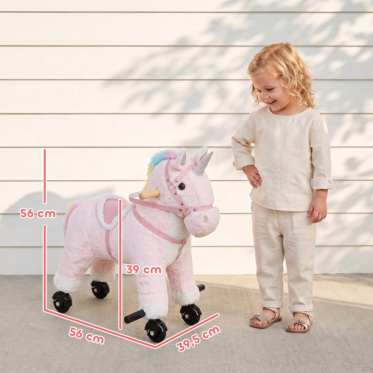 Cavalinho Unicórnio de Peluche com Rodas, Sons, Pegas e Apoios para os Pés, Rosa, 1-3 Anos — foto 2