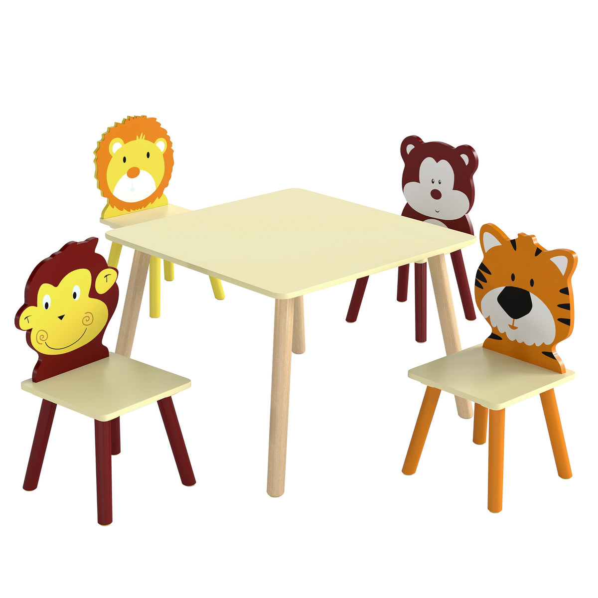 Conjunto Mesa para Criança com 4 Cadeiras 5 Peças em Madeira, Encosto em Forma de Animal, Cantos Arredondados, 3-8 Anos, Amarelo — foto 1