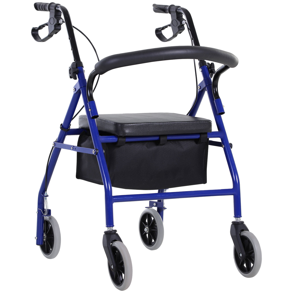 Andador 4 rodas - andador dobrável e leve - assento + encosto acolchoado - pegas ergonómicas, travões de mão - cesto de arrumação - metal azul — foto 1