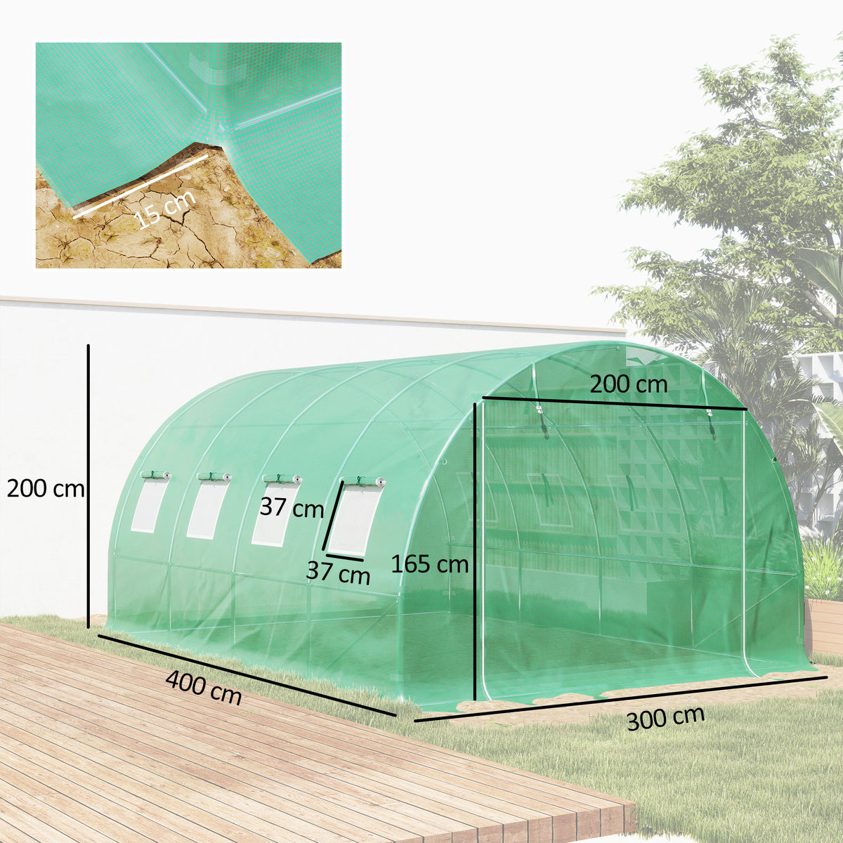 Capa de Reposição Estufa Túnel 12 m² 4x3x2 m Pe Anti-Uv Impermeável 8 Janelas Porta Enrolável com Zíper Verde — foto 2