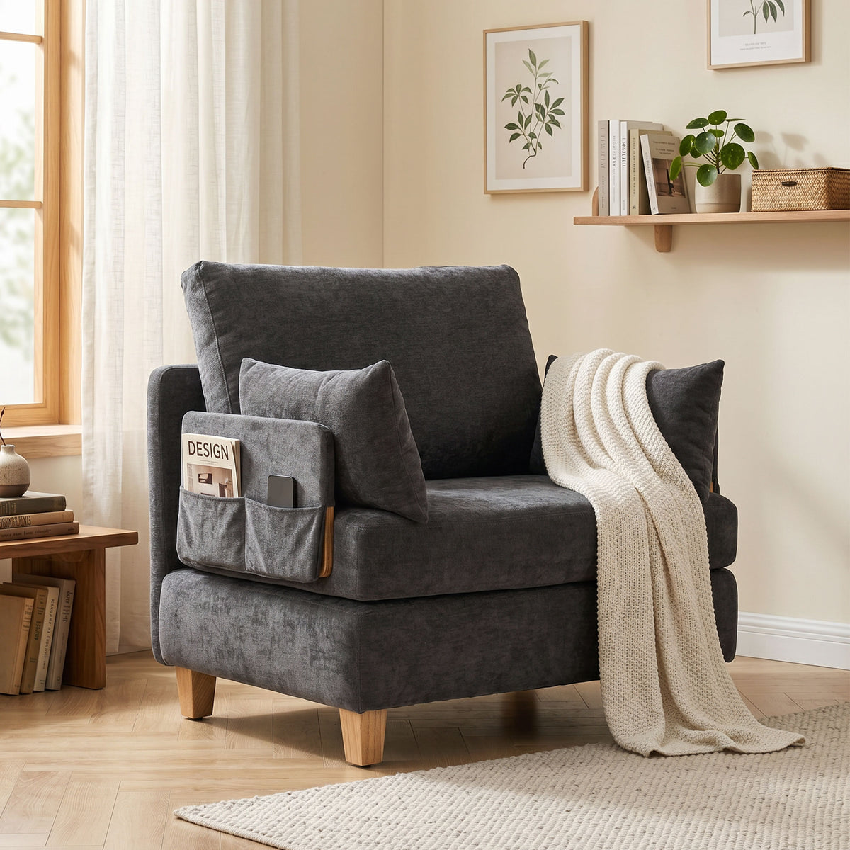 Poltrona-cama 2 em 1 com Função de Cama Sofá-cama com 2 Almofadas Laváveis Bolsos Laterais para Sala de Estar Quarto — imagem 9